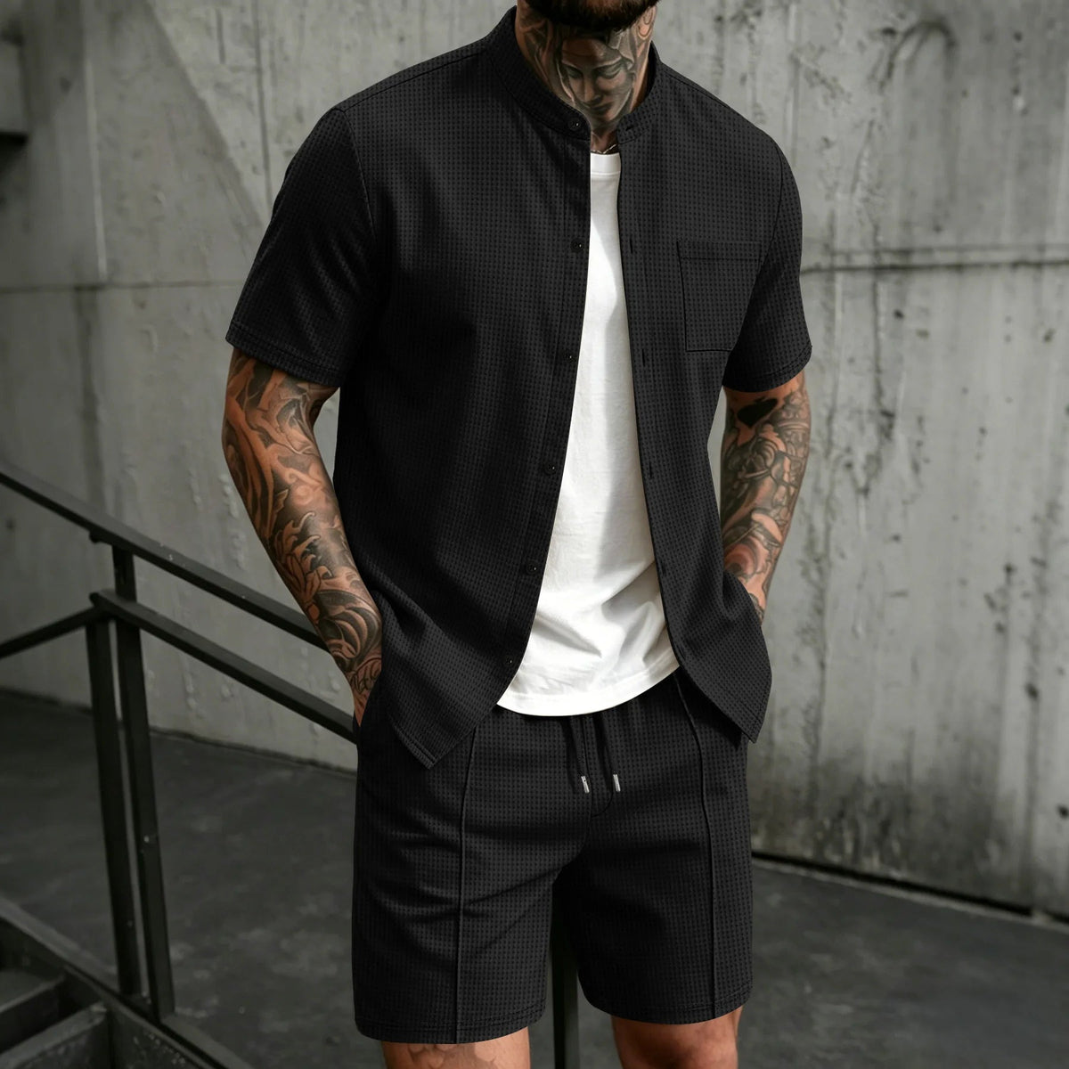 mens-waffle-knit-polyester-shirt-and-shorts-co-ord-set-the-sifnos