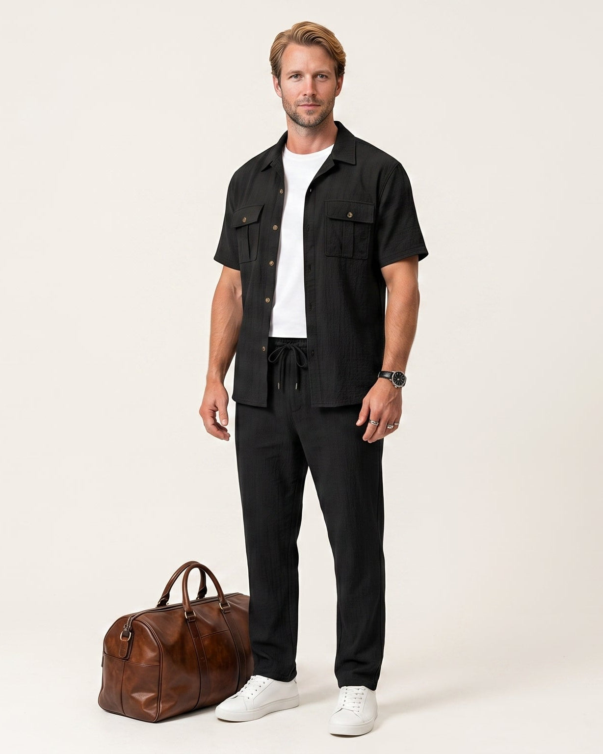 Men's Textured Linen-Mix Short Sleeve Shirt & Trousers Set | The Salcombe