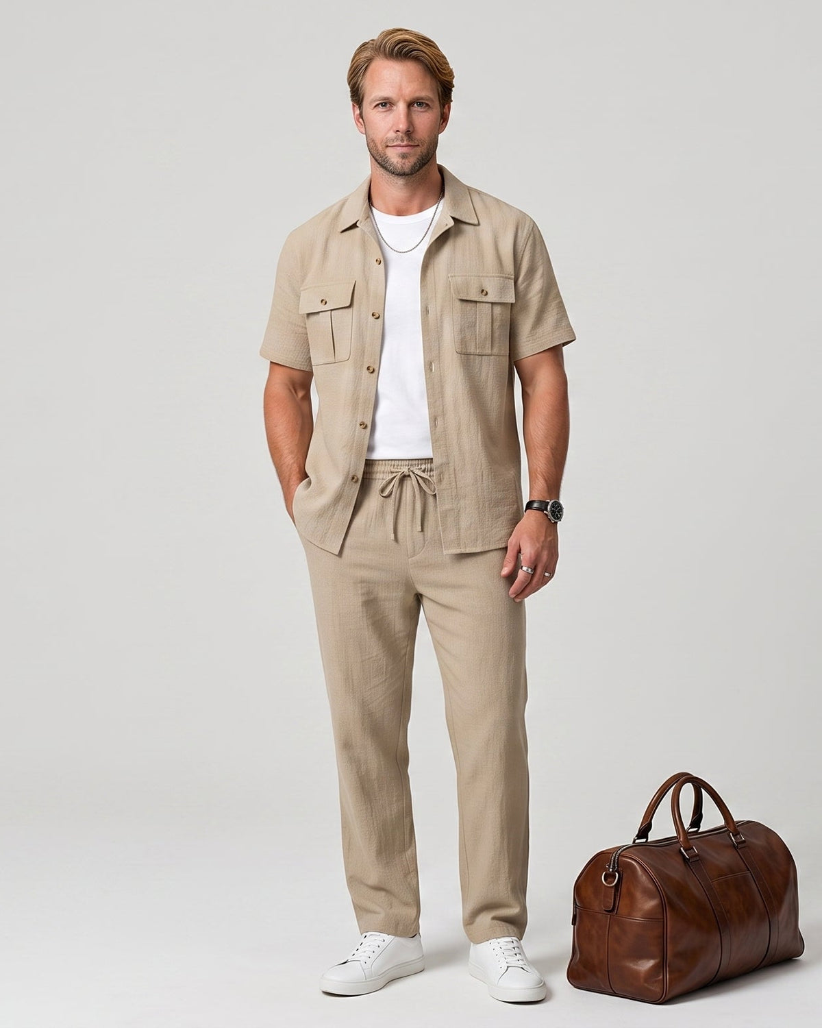 Men's Textured Linen-Mix Short Sleeve Shirt & Trousers Set | The Salcombe