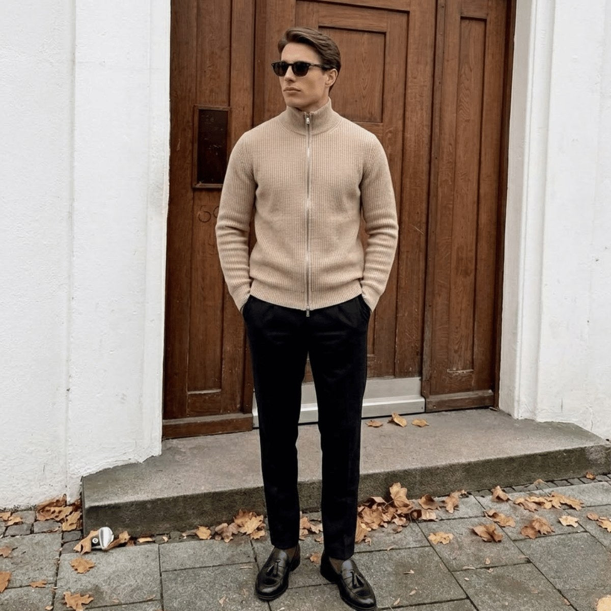 mens-ribbed-knit-zip-cardigan-and-trousers-set