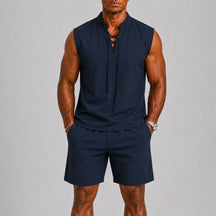 mens-sleeveless-lace-up-top-shorts-co-ord-set-positano