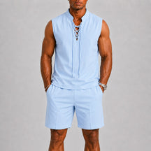 mens-sleeveless-lace-up-top-shorts-co-ord-set-positano