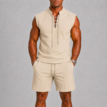 mens-sleeveless-lace-up-top-shorts-co-ord-set-positano