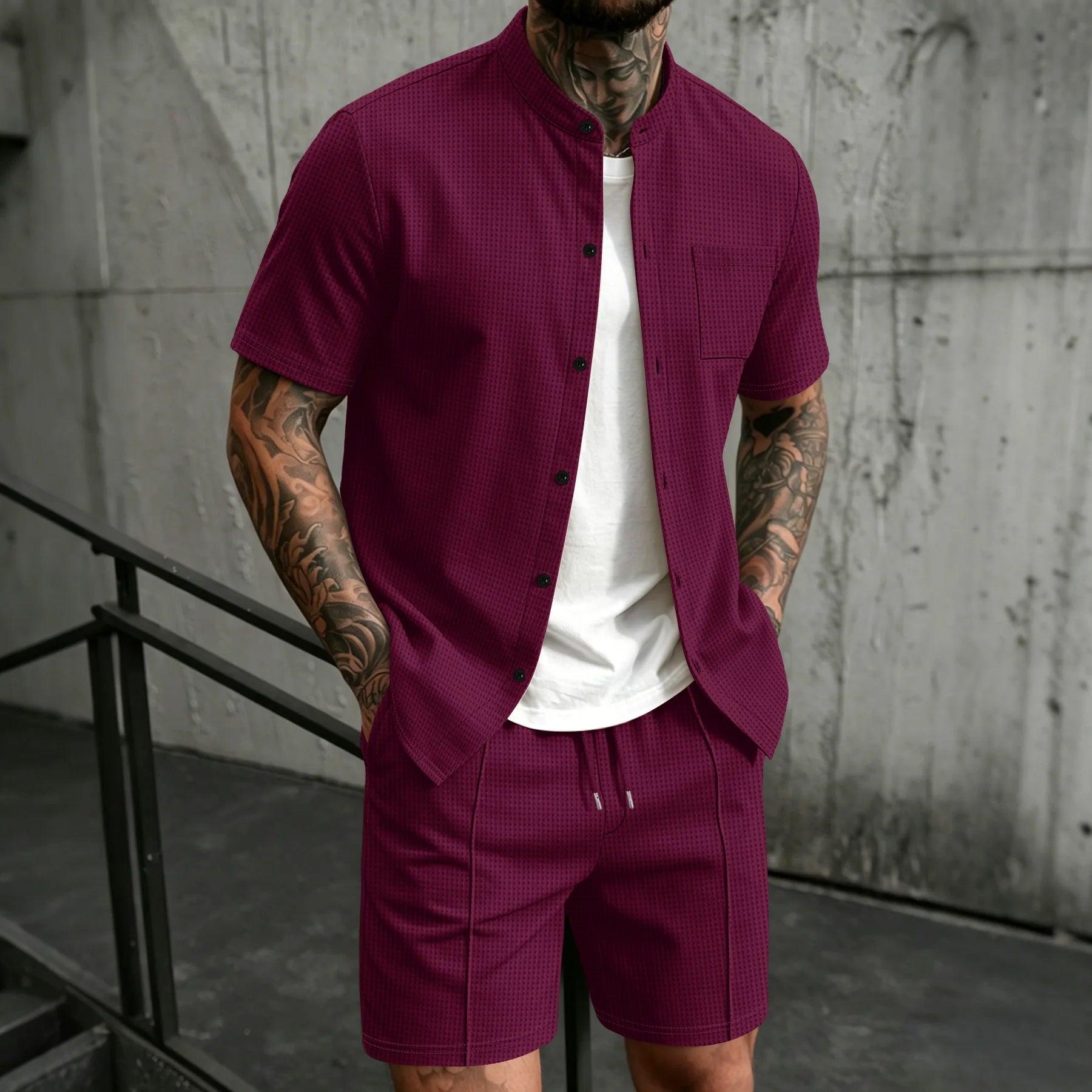 mens-waffle-knit-polyester-shirt-and-shorts-co-ord-set-the-sifnos