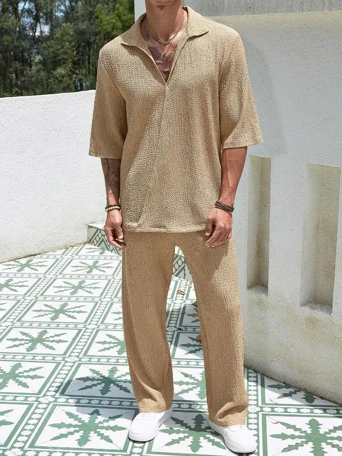 mens-waffle-knit-polo-shirt-trouser-set-padstow