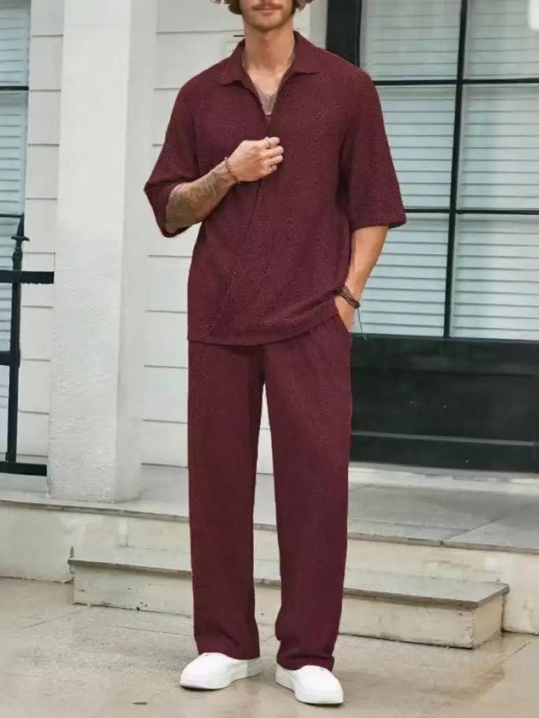 mens-waffle-knit-polo-shirt-trouser-set-padstow